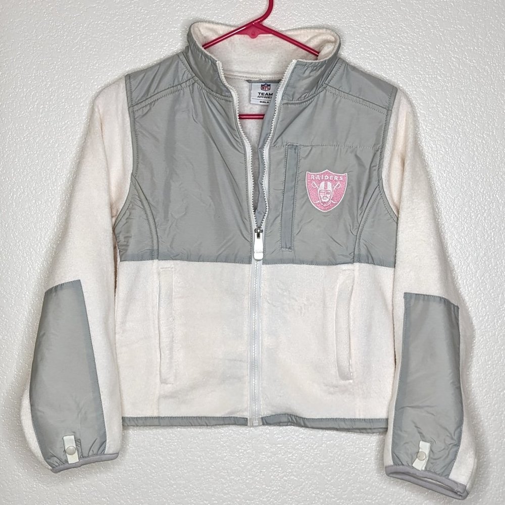 Rare Vintage Girls NFL Raider Jacket Cream & Gray w/Pink Embroidered Logos (L)